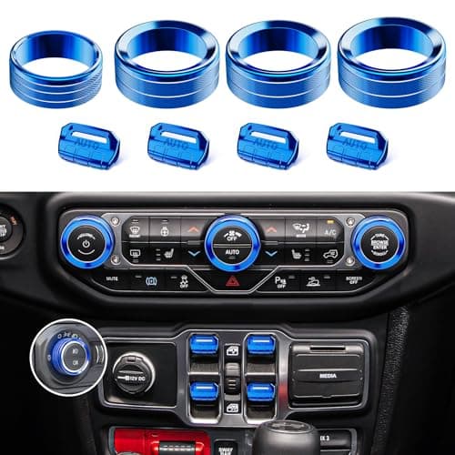 DIAMOOKY 8PCS Metal Button Knob Cover for Jeep Wrangler JL JLU 2018-2025 2026 & Gladiator JT Accessories Window Switch Button Cover Volume Radio Air Conditioner Headlight Switch Knob Cover (Blue)