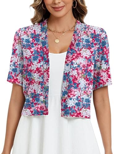 Heymoments Women's Thin Shrugs for Dresses Luxuriant Flowers Red X-Large Open Front Short Sleeve Lightweight Coat Cropped Tops Shawls and Wraps Cardigan Dressy Clothes - Image 1