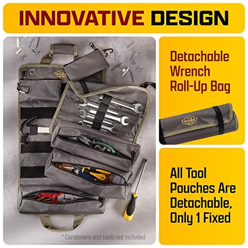 The Ryker PRO Official Roll Up Tool Bag Organizer Gifts for Dad. Motorcycle Tool Bag Organizer for Mechanic & Tools Storage Toolbag Tools Bags Mens gifts for him - w/4 Detachable Pouches & Wrench Roll - Thumbnail 2