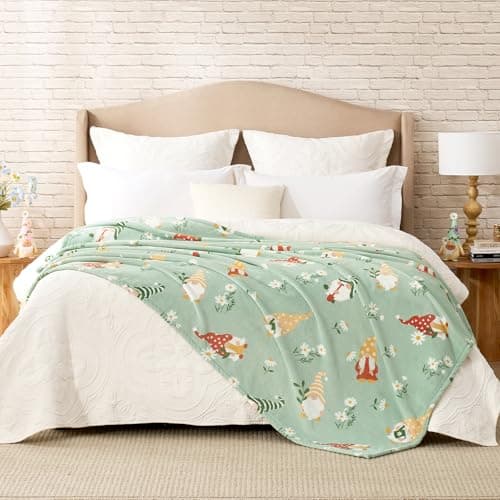 Cozy Bliss Gnome Spring Throw Blanket - Garden Daisy Floral Design, Warm MilkyPlush Throw Blankets, Ultra Soft Cozy Blankets for Couch, Sofa and Bed, Green, 60X80inches - Image 1