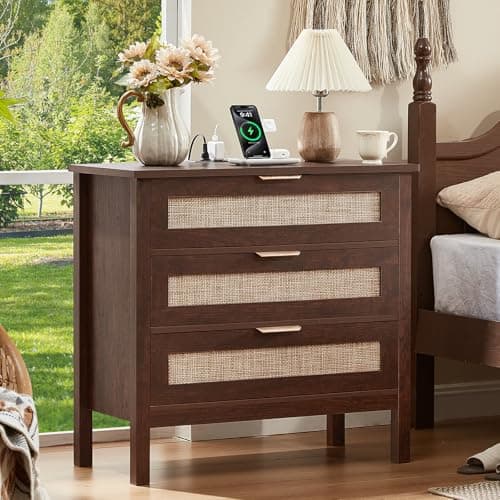 LEYAOYAO 31.5" Wide Rattan Nightstand, Large Boho 3 Drawer Night Stand, Walnut Bedside Table with Storage, Tall Bed Side End Tables, Chest of Drawers Dressers for Bedroom, Living Room, Hallway