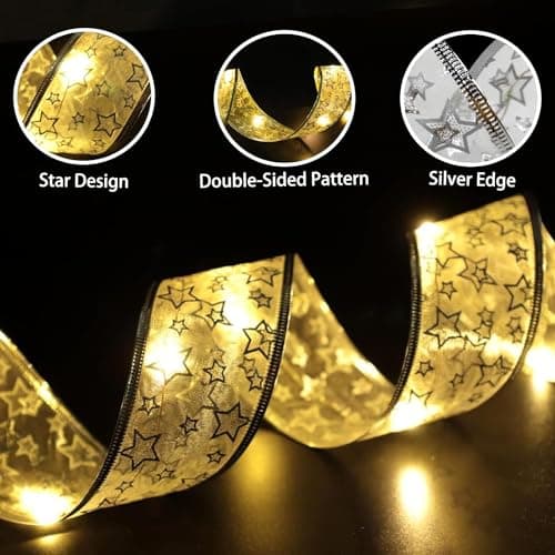 Christmas Tree Decorations Ribbon Lights, 32ft 100 LED String Lights, Battery-Powered Copper Wire Christmas Tree Ribbon Lights for Holiday Party Weddings Indoor Christmas Tree Decorations (Gold) - Thumbnail 2