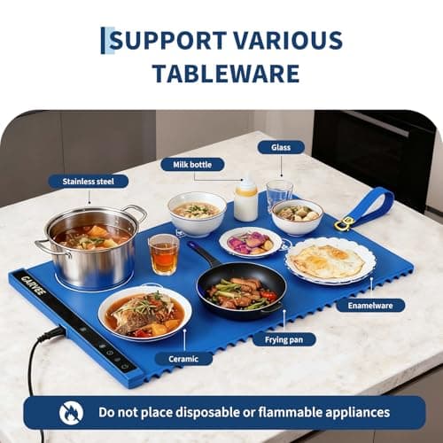Garvee Electric Food Warming Mat for Countertop, 24x15 in, Dual Zone Control, Portable Silicone Food Warmer Pad Tray with Timer & 6 Temp Levels for Buffet Party, Easy to Clean, Blue - Thumbnail 5