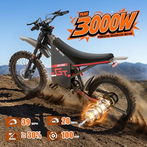 RIXOC GT19 Electric Dirt Bike for Teens & Adults, 3000W Electric Motorcycle, 52V 31.2Ah Removable Battery, 39MPH Top Speed, Hydraulic Brakes, 19" Fat Tire All-Terrain Mountain Off-Road EBike, Red - Thumbnail 3