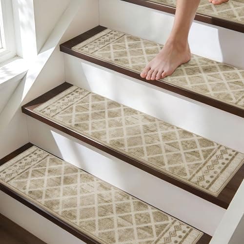 BEQHAUSE Stair Treads for Wooden Steps Non-Slip Indoor Stair Runner Washable Carpet For Stairs Self-Adhesive Stair Rug for Elders Kids and Pets, 8X30 In, 15 PCS, Geometric Diamond Pattern, Light Brown - Thumbnail 3