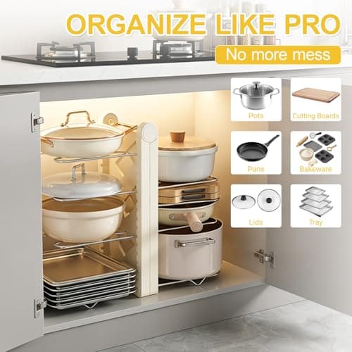TOMSHUB Foldable Pots and Pans Organizer Under Cabinet, 8 Adjustable Stainless Steel Dividers,28.5" L x 9.1" W x 9.9" H Expanded, Folds Flat, Heavy Duty Kitchen Cabinet Organizer with Lid Holder - Thumbnail 3