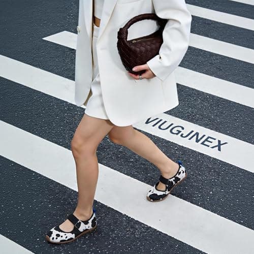 VIUGJNEX Cow Print Mary Jane Sneakers for Women Tennis Shoes Ballet Flats Lightweight Casual Slip-On Shoes Size 6 - Thumbnail 3