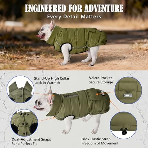 Dog Winter Puffer Jacket Waterproof, Reflective Furry Fleece Lined Dog Coats for Small Medium Dogs, Warm Snow Coat, Insulated Cold Weather Dogs Vest Jackets with Leash Hole, Olive - Thumbnail 5