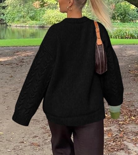Okiwam Women's Oversized Sweaters Crewneck Cable Knit Pullover Casual Loose Fall Outfits Spring Fashion Clothes 2026-XL Black - Thumbnail 3