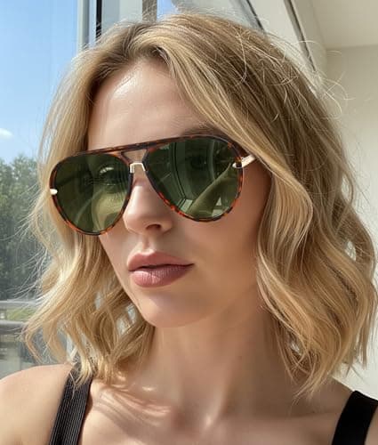 LOOMAKA Oversized Aviator Sunglasses for Women, Trendy Retro 70s Flat Top Shades, Gold Metal Double Bridge Design with UV400 Protection for Driving & Vacation - Thumbnail 2