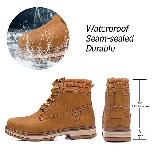 Athlefit Women's Work Waterproof Hiking Combat Boots Lace up Low Heel Booties Ankle Boots Size 11 Camel - Thumbnail 5