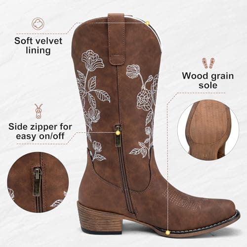 Jeossy Women's Cognac Cowboy Mid Calf Boots, Cute Boot with Embroidery Flower, Low Heel Western Cowgirl 9807 Boot, Comfy Riding Round Toe Boots with Side Zipper, Size 7.5 US(DJY9807 Cognac 07.5) - Thumbnail 5