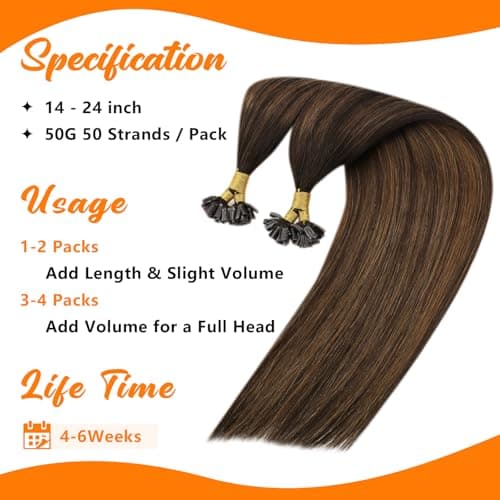 Sunny Hair 20inch U Tip Hair Extensions Human Hair Radiate Vitality K Tip Hair Extensions Human Hair Balayage Dark Brown Ktip Human Hair Extensions for Party 50g - Thumbnail 3