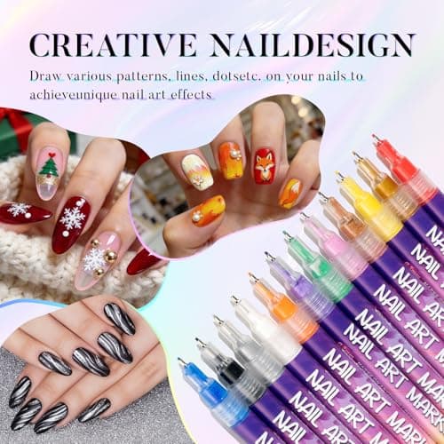 Nail Art Pens, 12 Colors 0.5mm Fine Tip Water-Based Quick-Dry Pens for DIY Nail Design, Doodles & Outlines – Nail Art Kit for Kids, Teens & Beginners - Thumbnail 2