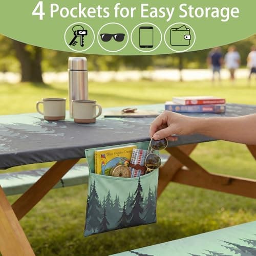 memKiya Fitted Waterproof Picnic Table Cover with Bench Covers Elastic Edges Camping Tablecloth for 6 Foot Rectangle Tables Camp Cooking Motorhome Hiking Equipment Car Rv Travel Trailer Needs Gifts - Thumbnail 5