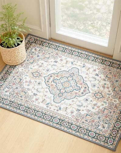 MINIDEAR 2x3 Area Rugs for Entryway Kitchen, Washable Rug Small Rugs for Bedroom Non Slip Vintage Rug with Floral Print Carpet Mat for Home, Khaki