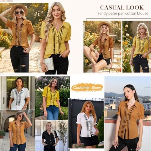 ECOWISH Women's Button Down Shirt - Peter Pan Collar Cotton Blouse Summer Dressy Short Sleeve Loose Fit Work Tops Yellow XL - Thumbnail 4
