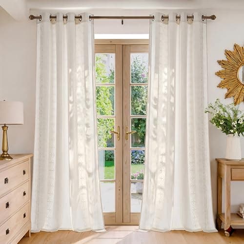 NICETOWN Cream Linen Curtains 9 ft High, Contemporary Floral Ivory White Embroidered High Ceiling Drapes for Cottage, Breathable Texture Chic Geometric Patterned Bronze Grommet, W52 x L108, 2 Panels - Thumbnail 2