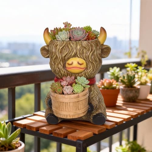 Cute Plant Pots Decor Gifts - Highland Cow Planter with Two Planters Animal Flower Pots with Drainage,Mini Succulent Pot for Home Desk Patio Decorations Outdoor Indoor Plants Pot Gift for Plant Lovers - Thumbnail 2