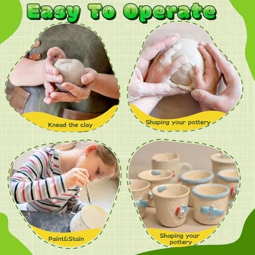 Skirfy Mini Pottery Wheel Kit for Beginners Kids,Electric Ceramic Wheel with Foot Pedal&Painting Kit, Adjustable Speed,Clay Spinner DIY Tools for Art Craft Birthday (Green Dinosaur) - Thumbnail 5