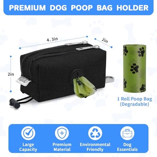VOXGET Dog Poop Bag Holder for Leashes, Puppy Treat Pouch Carrier with 2 Zipper Pockets and Clip for Pets Doggy Training, Dog Waste Bag Dispenser with 1 Roll Poop Bags for Walking Accessories (Black) - Thumbnail 5