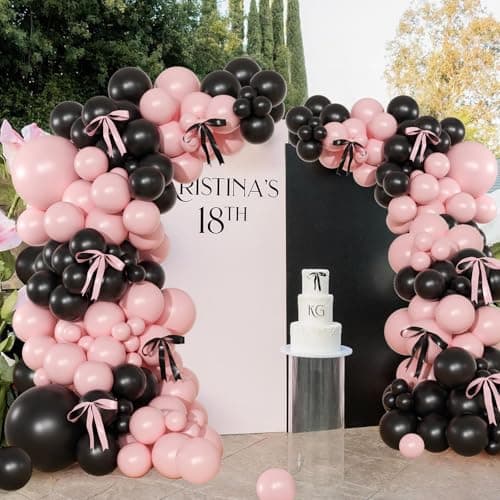Pink Black Balloon Garland Arch Kit, 141Pcs Pink and Black Balloons Different Sizes 18 10 5 Inch and Bows for Coquette Birthday Wedding Baby Shower Bridal Shower Party Decorations - Thumbnail 4