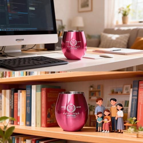 TJ 50th Birthday Gifts for Her Vintage Engraved Wine Glass - 50th Birthday Stainless Steel Stemless Wine Glass Birthday Decoration, 50 Year Old Birthday Gift for Women Men Wife Friend Sister, Hot Pink - Thumbnail 3