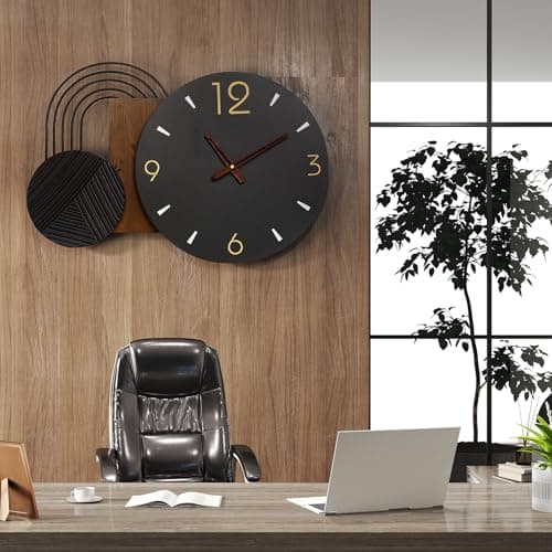Anmotpe Wall Clock Modern Battery Operated Black Big Clocks Metal& Wood Retro Style Large Wall Watch Metal Walnut Dial Wall Clock Perfect for Modern Home,Office 26inchX18inch - Thumbnail 6