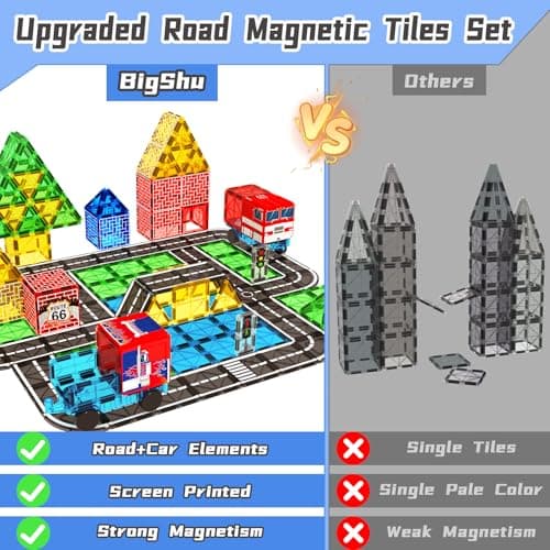 Magnetic Tiles Road Car Set, Toddler Magnetic Building Blocks Toys for 3 4 5 6 7 Year Old Boys Girls, Kids Montessori STEM Sensory Preschool Classroom Educational Learning Games Easter Birthday Gifts - Thumbnail 2