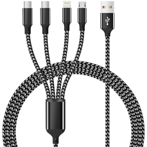 Multi Charging Cable,Dual Type-C Multiple Charger Cable Nylon Braided 4 in 1 Multi USB Cable Charging Cord with IP/Type C/Micro USB Ports for Cell Phones/iPhone/Tablets/ Galaxy & More-1Pack 5Ft - Image 1