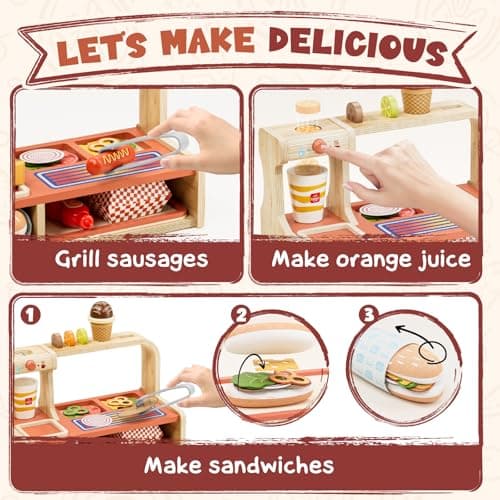 Lehoo Castle Wooden Play Food Sets, Play Hamburger Counter Shop, Toy Food for Toddlers, Play Food Sets for Kids Kitchen, Fake Food Pretend Play for Toddlers 3-5 - Thumbnail 4
