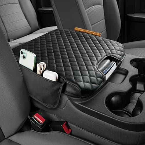 JOYTUTUS Center Console Cover Compatible with 2013-2018 Ram 1500 & 2013-2026 Ram 2500/3500/1500 Classic Model Jump Seat, Leather Arm Rest Armrest Cover for Car, Middle Console Cover Lid, with 2 Pocket