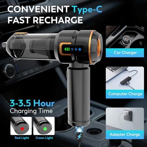 KedeeSparkle Car Vacuum Cleaner Cordless, 22000PA High Power Portable Handheld Vacuum & Compressed Air Duster, Mini Vacuum with LED Display, 3 Modes Brushless Motor for Car, Home, Office, Camping - Thumbnail 3
