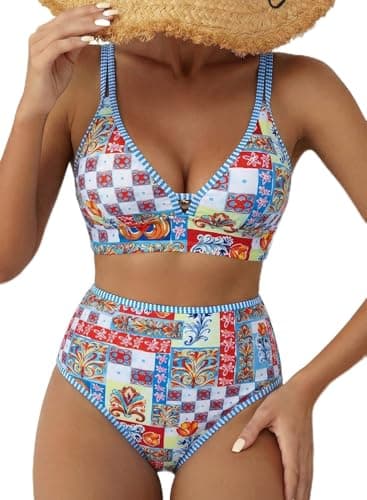Herseas Women's Two Piece Bikini Sets 2026 Summer Swimsuits High Waisted Full Coverage Bathing Suits Trendy Sexy Cruise Essentials Blue Striped Trim Multicolor Mosaic X-Large - Image 1