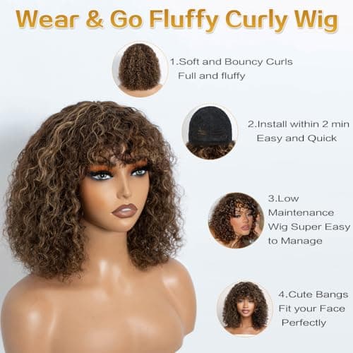 JOEDIR HAIR Fluffy Wig Human Hair Wigs for Black Women Wear and Go Afro Curly Bob Wig with Bangs 12 Inches Water Wave Glueless Wigs 250% Density (F4/27 Ombre Brown) - Thumbnail 3