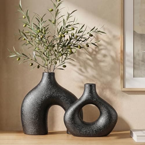 Black Ceramic Flower Vase Home Decor Set of 2, Farmhouse Table Vases Rustic Vintage Living Room Kitchen Bedroom Decorations for House Book Shelf Office Coffee Desk Dining Fireplace - Image 1