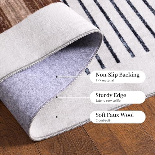 YIHOUSE 6x9 Washable Area Rugs for Living Room, Tan Black and White Striped Rug for Bedroom Non Slip Low Pile, Minimalist Modern Geometric Carpet for Entryway Room Office Home Decor - Thumbnail 6