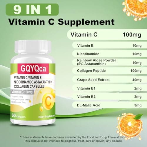 GQYQca Premium Vitamin C+ E, NAD, Astaxanthin and Collagen Capsules,scientifically formulated,enhances Immunity,removes Free radicals, maintains Healthy Anti-Aging, Gluten-Free, 60 Capsules - Thumbnail 2