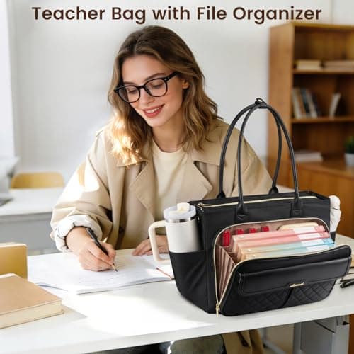 LOVEVOOK 15.6 Inch Teacher Tote Bag for Women Work with Accordion File Area, Laptop Work Tote Bag with Laptop Compartment, nurse Handbag Bags with Large Capacity & Cup Holder, black - Thumbnail 2