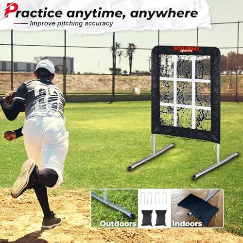 Heavy-Duty 9 Hole Baseball & Softball Pitching Net with Strike Zone Target - Adjustable Portable Design for Training, Includes 4 Stakes & 2 Sandbags（Black） - Thumbnail 6