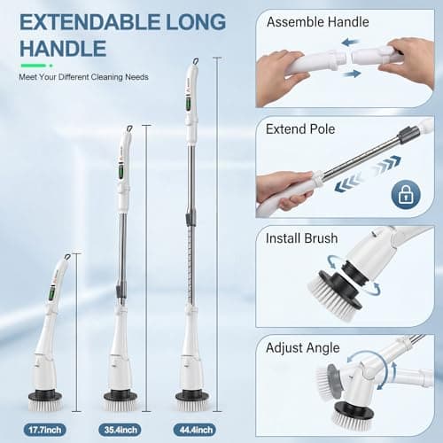 AOZUO Electric Spin Scrubber, Power Cleaning Brush with 3 Speed Modes LED Light, 7 Replaceable Heads Cordless Shower Scrubber, Long Handle Extendable Scrubber for Bathroom, Floor, Tub, Tile, Grout - Thumbnail 4