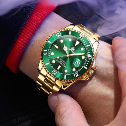 OLEVS Watch Men Gold Green Face Luxury Automatic Self Winding Analog Waterproof Wrist Watches for Men Casual Mechanical Luminous Stainless Steel Dress Mens Watches - Thumbnail 2