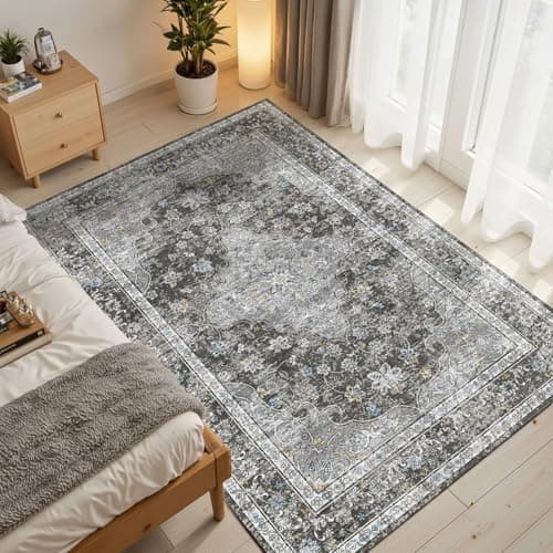 OHWPEAT 4x6 Area Rugs for Living Room, Bedroom, Small Washable Black Rugs, Entryway Non Slip Rug, Neutral Floral Vintage Boho Soft Indoor Carpet for Nursery, Bathroom, Office - Thumbnail 3