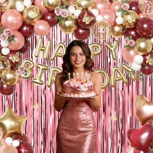 Burgundy Birthday Decorations for Women, Maroon Metallic Rose Gold White Gold Foil Confetti Balloons Happy birthday Banner Gold Butterfly Fringe Curtains Birthday Decorations for Women Girls - Thumbnail 5