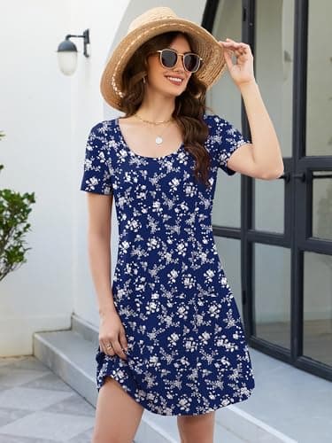 Moodclo Summer Dresses for Women Mist Blossom Medium 2026 Loose U Neck Short Sleeve Sundresses Casual Beach Vacation Tshirt Dress with Pockets - Thumbnail 3