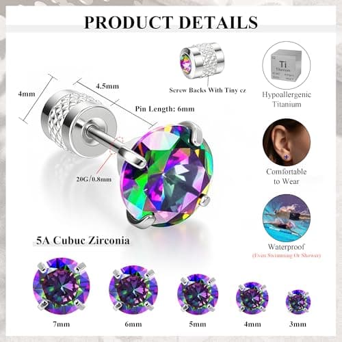 MHWTTY Hypoallergenic Cartilage Earrings for Women Men, 1 Pairs Titanium Stud for Women Gold Silver Black 20G Post & Screw Back with Cubic Zirconia 3 4 5 6 7 mm Piercing Jewelry (Silver+Rainbow CZ, 4mm) - Thumbnail 2