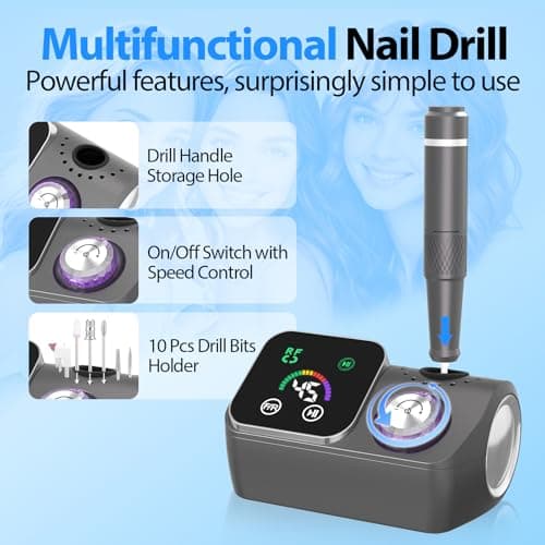 PYVOLA Professional Electric Nail Drill E-File Machine - 45,000 RPM Corded Nail Drills Kit with Low Noise & LED Display for Shaping, Removing & Polishing Acrylic Gel Nails for Salon Home - Thumbnail 3