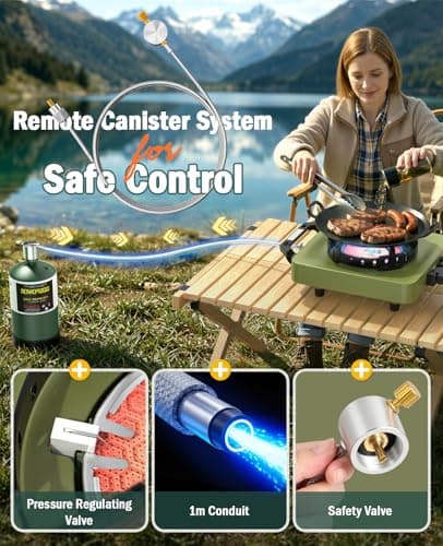 2 Propane Burners Camping Stove, 30,000 BTU Folding Camp Stove with Windproof Grates and Frying Pan, Portable Camping Stoves with Carrying Bag, Camping Essentials for Tailgating/Grilling/Coffee, Green - Thumbnail 5