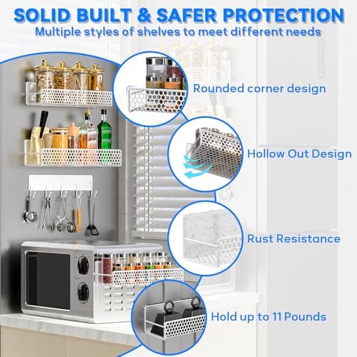 JulktLli 5 Pack Multifunctional Magnetic Shelves for Washing Machine & Refrigerator - Heavy Duty Laundry Room Organization System with Tool Hooks, Metal Storage Baskets (White) - Thumbnail 4