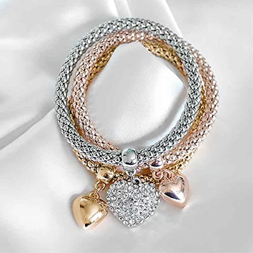 SILANER Crystal Charms Multilayer Bracelets - 3PCS Gold/Silver/Rose Gold Corn Chain Bracelet for Women, Tree of Life Heart Shaped Stretch Bracelet(Solid Hearts Charm) - Thumbnail 5